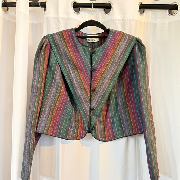 Vintage Jackets & Blazers - Vintage 80s Chevron Stripe Cropped Jacket | Colorful Wool Blend Blazer